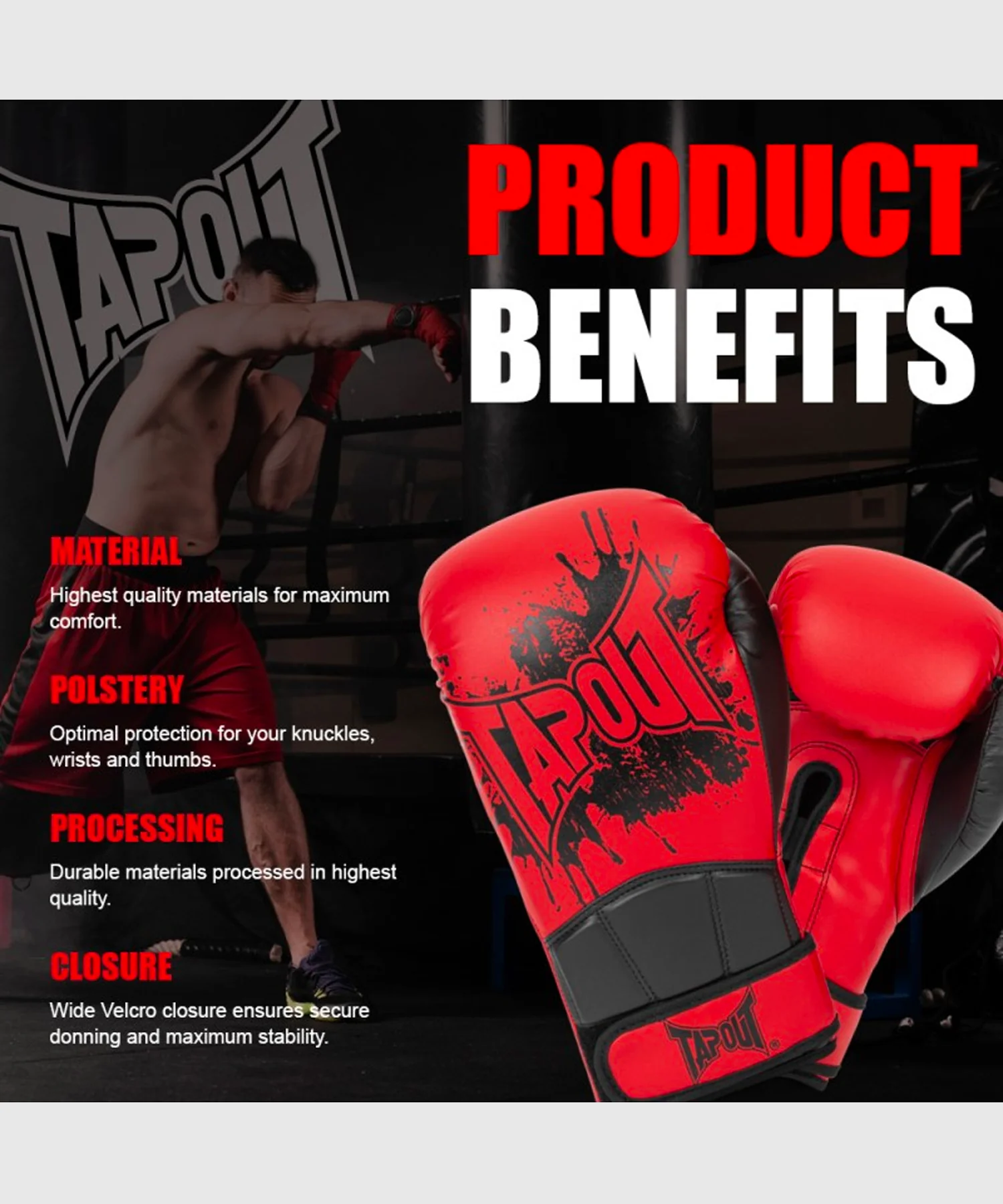 Gants de Boxe Tapout Cerritos - Rouge/Noir - Image 4