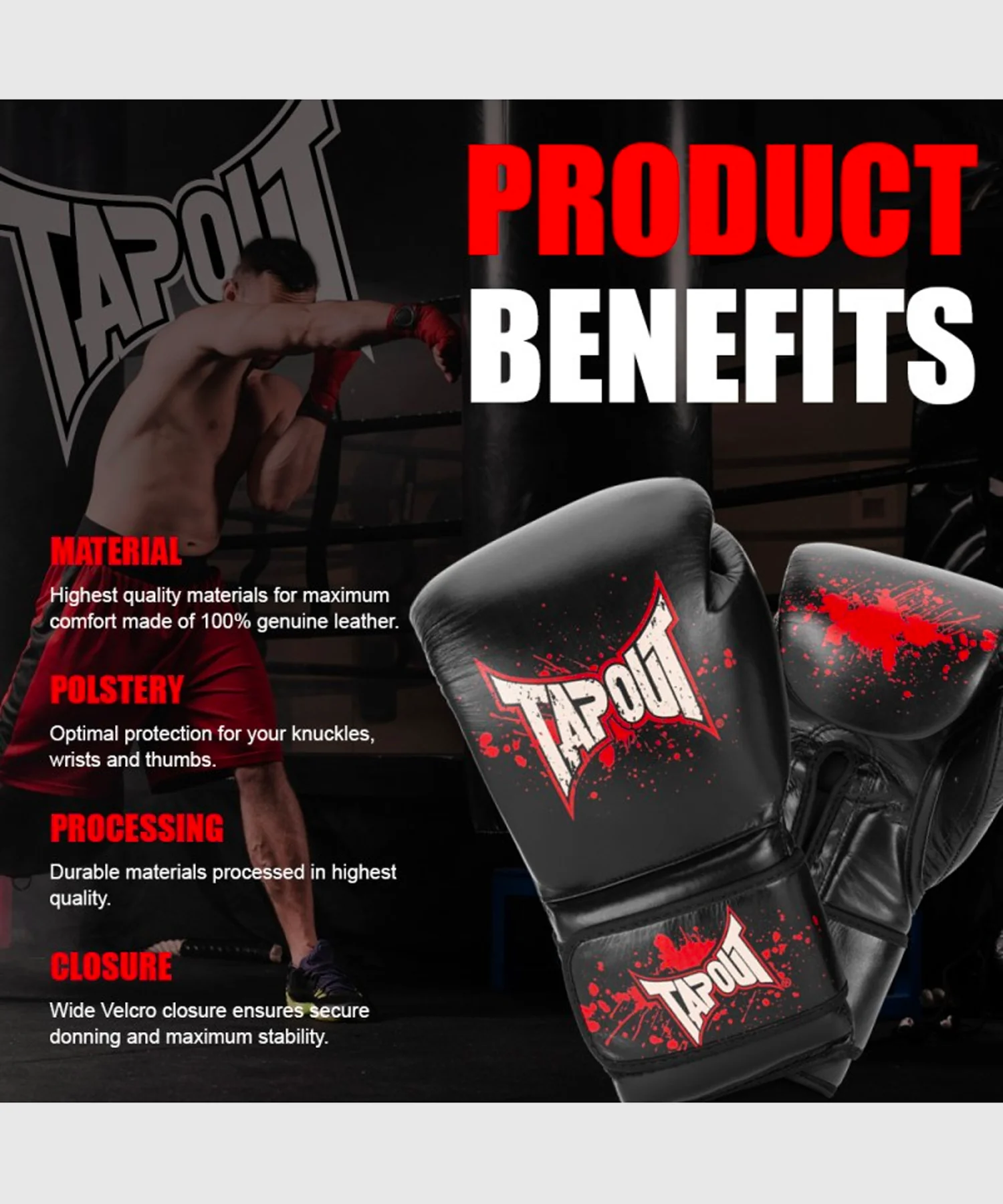 Gants de Boxe Tapout Rialto - Noir/Ecru/Rouge - Image 4