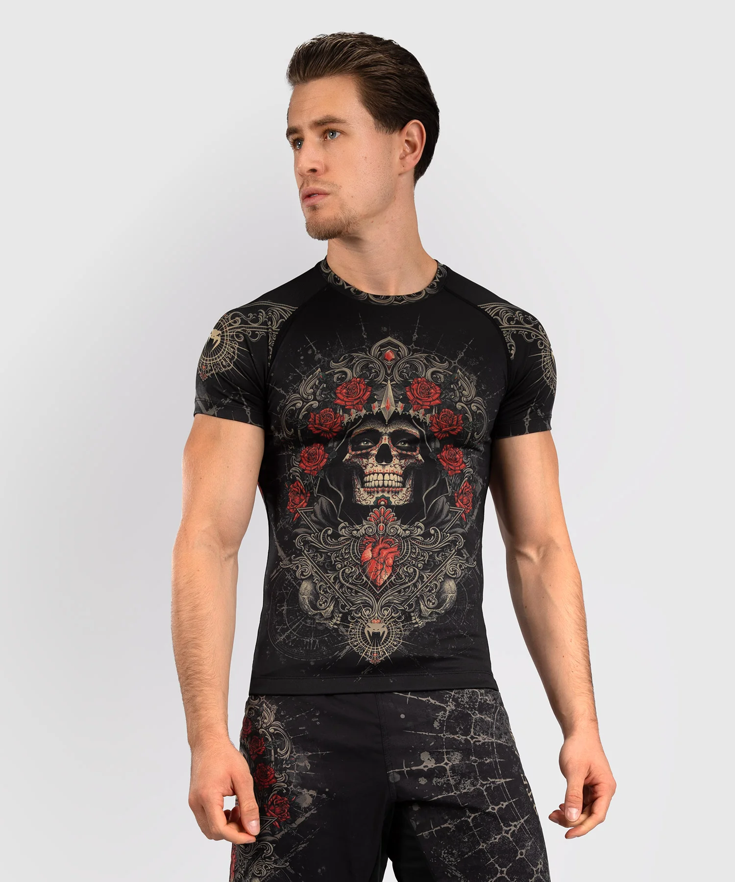 Rashguard à Manches Courtes pour Hommes Venum Santa Muerte 5.0 - Noir Profond/Or