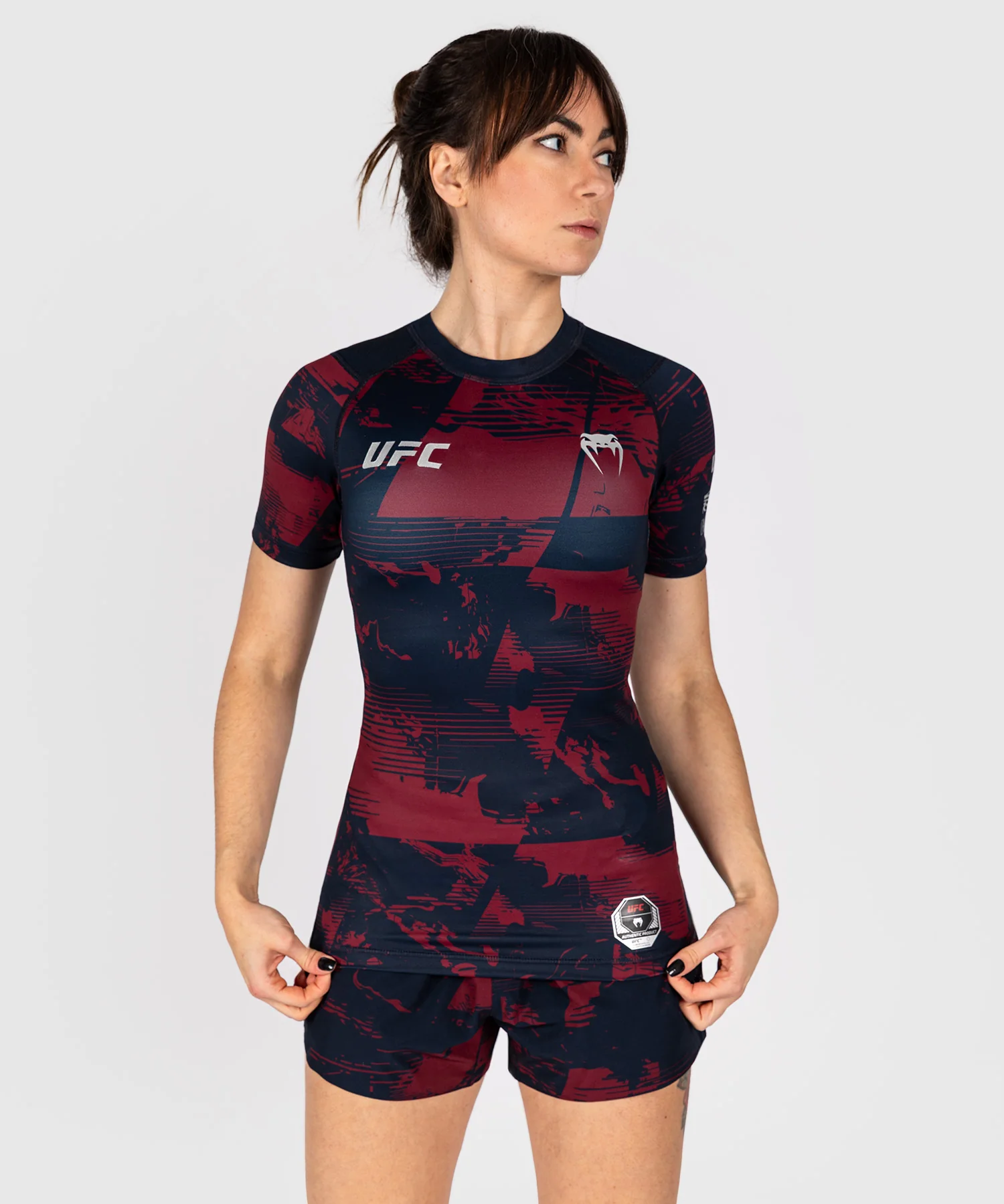 Rashguard manches courtes Performance Femme UFC Zenith by Venum Authentic Fight Week - Bleu marine/Bordeaux/Argent