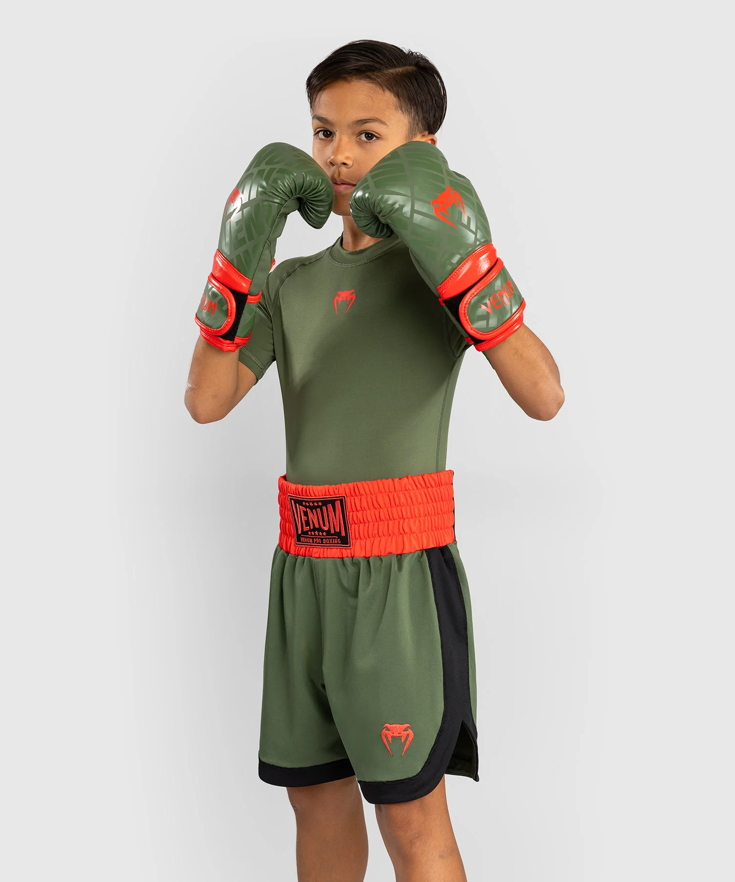 Short de Boxe pour Enfants Venum Classic - Vert militaire/Orange - Image 4