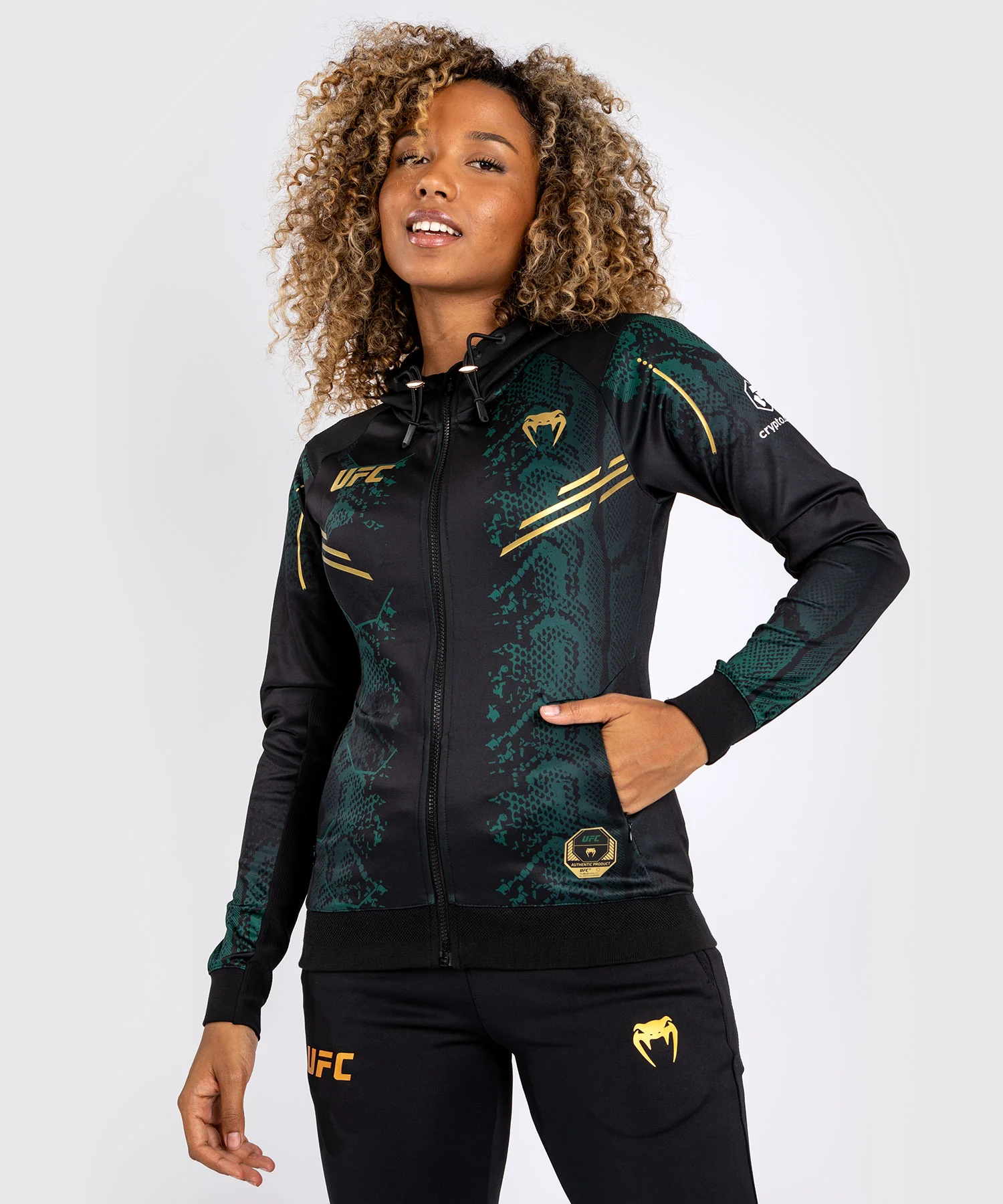 Sweat à capuche pour Femmes UFC Adrenaline by Venum Authentic Fight Night - Emerald Edition - Vert/Noir/Or - Image 9