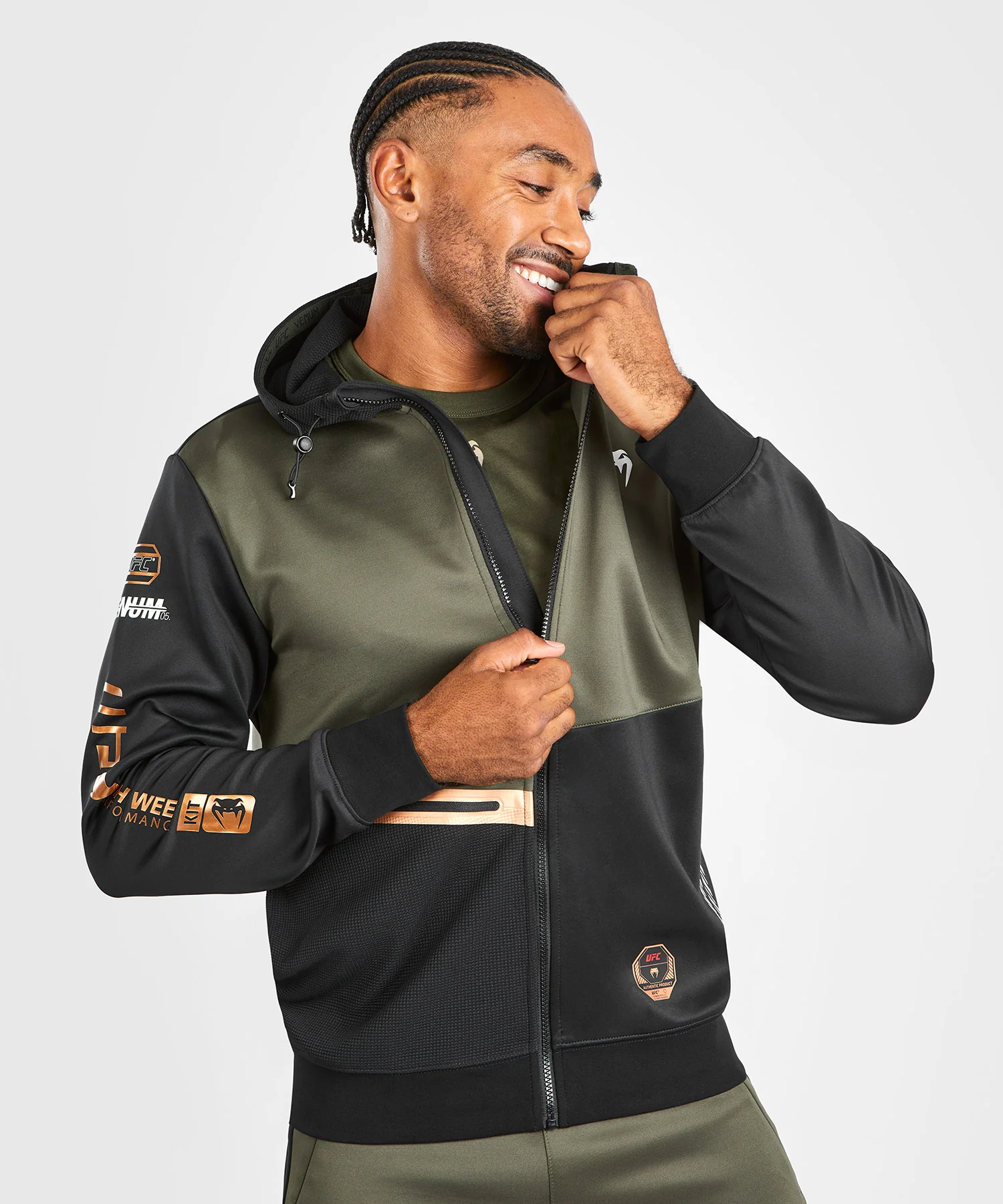 Sweatshirt zippé à capuche UFC Adrenaline by Venum Fight Week - Khaki/Bronze - Image 4