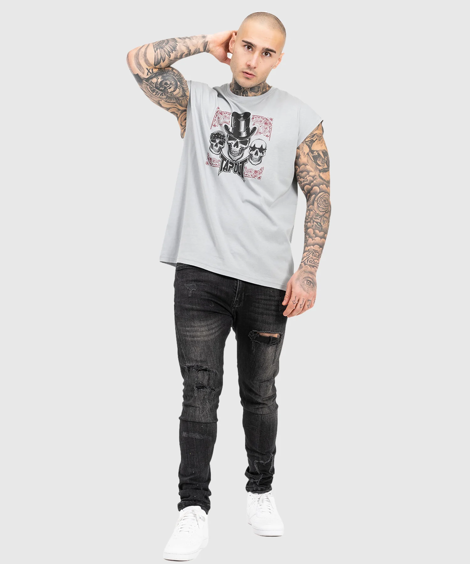 T-shirt Sans Manches Tapout Skull - Gris/Noir/Rouge - Image 2